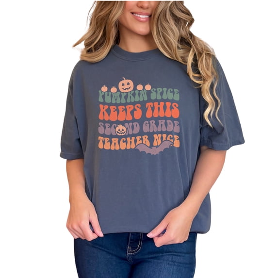 Pumpkin Spice Keeps This Second Grade Teacher Nice, School & Fall Quote, Groovy Retro Wavy Text, Denim Comfort Colors T-Shirt, Small