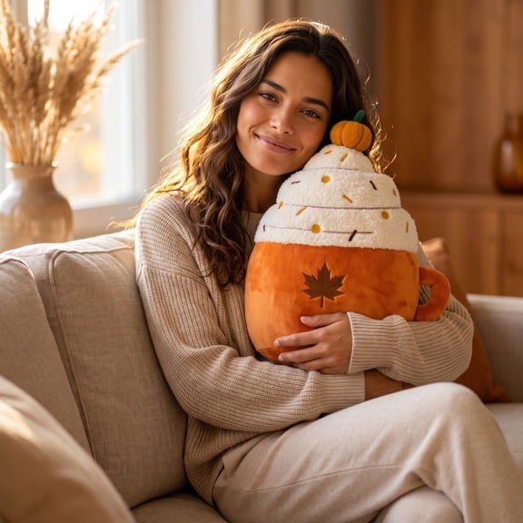 Pumpkin Spice Mug Pillow, Plush Maple Leaf Cup Cushion For Fall Thanksgiving Decor