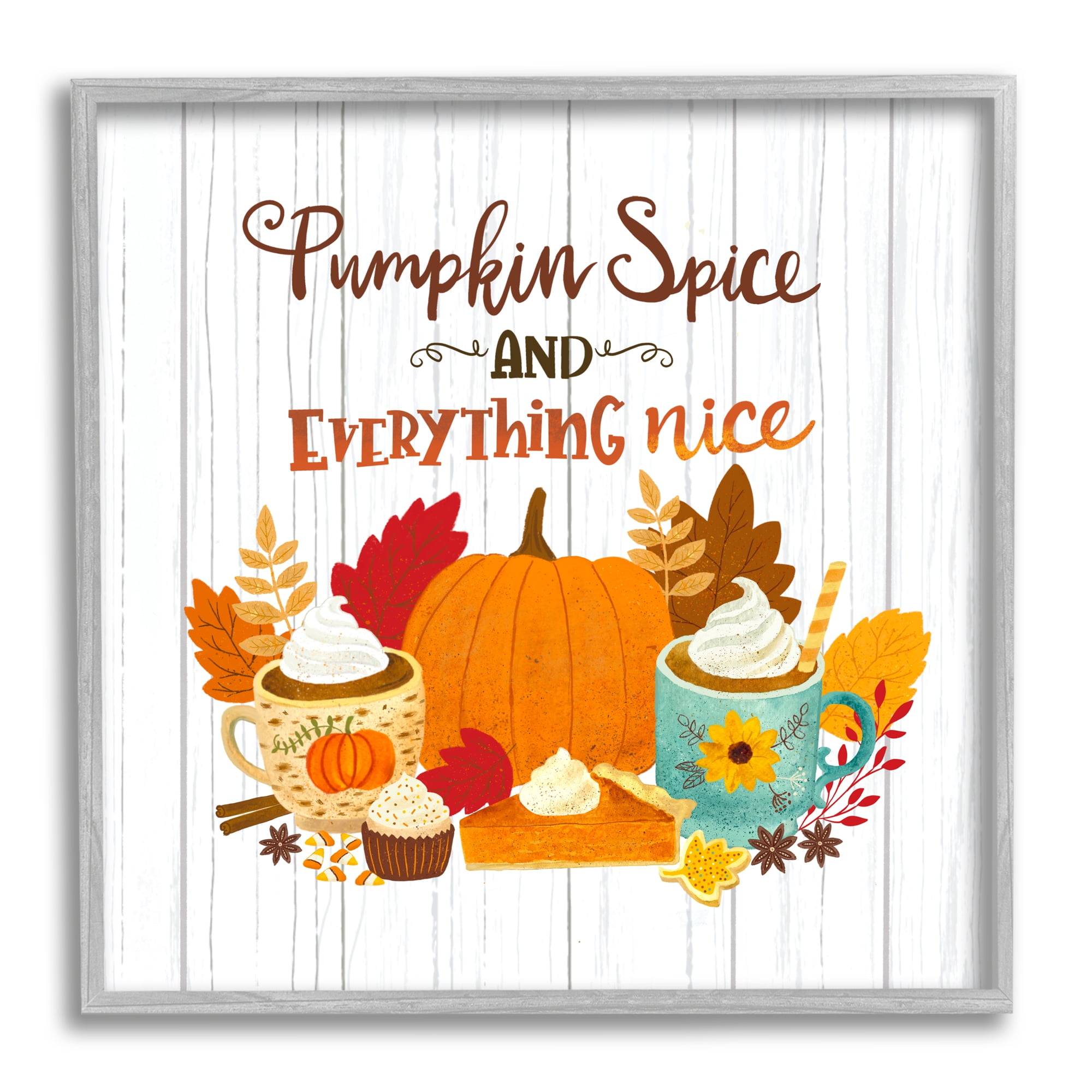 Pumpkin Spice Mugs & Pie Floral Arrangement Calligraphy Inspirational Graphic Art Framed Art Print Wall Art