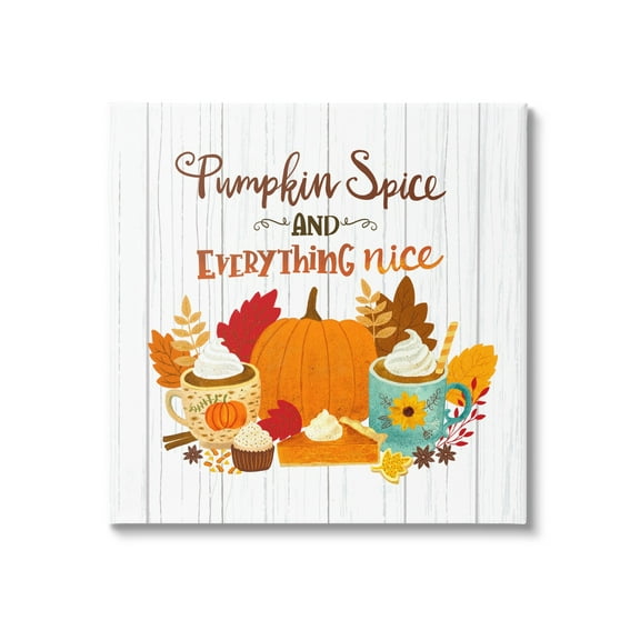 Pumpkin Spice Mugs & Pie Floral Arrangement Calligraphy Inspirational Graphic Art Gallery-Wrapped Canvas Print Wall Art