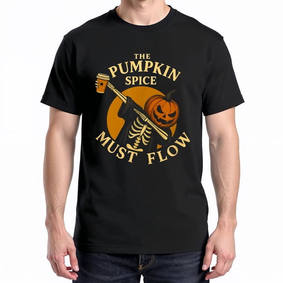 Pumpkin Spice Must Flow T-Shirt – Halloween Skeleton Coffee Lover – Festive Seasonal Wear