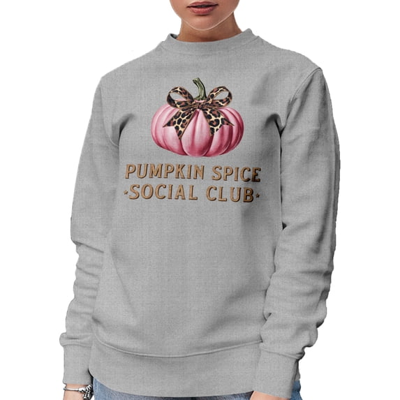Pumpkin Spice Social Club feat. a Pink Pumpkin with Ribbon, Heather Grey Crewneck Sweatshirt, Large