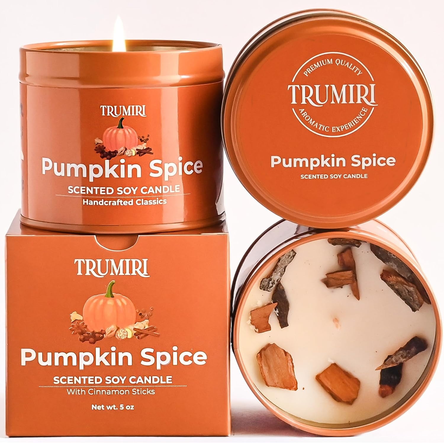 Pumpkin Spice Scented Soy Candle with Cinnamon Sticks, 5 oz