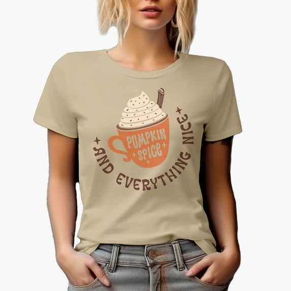 Pumpkin Spice and Everything Nice with Autumn or Fall Latte Cup Art Merch Gift, Tan T-Shirt, Medium