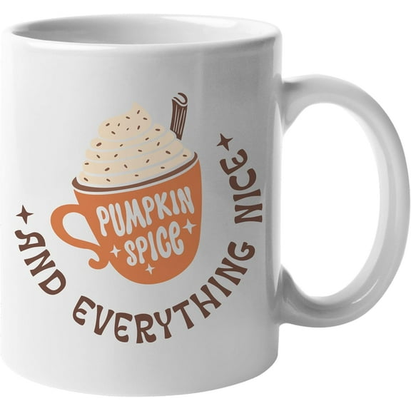 Pumpkin Spice and Everything Nice with Autumn or Fall Latte Cup Art Merch Gift, White 11oz Ceramic Mug