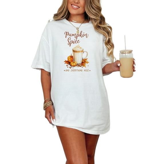 Pumpkin Spice and Everything Nice with Fall or Autumn Pumpkins & Latte Art, White Comfort Colors T-Shirt, Small
