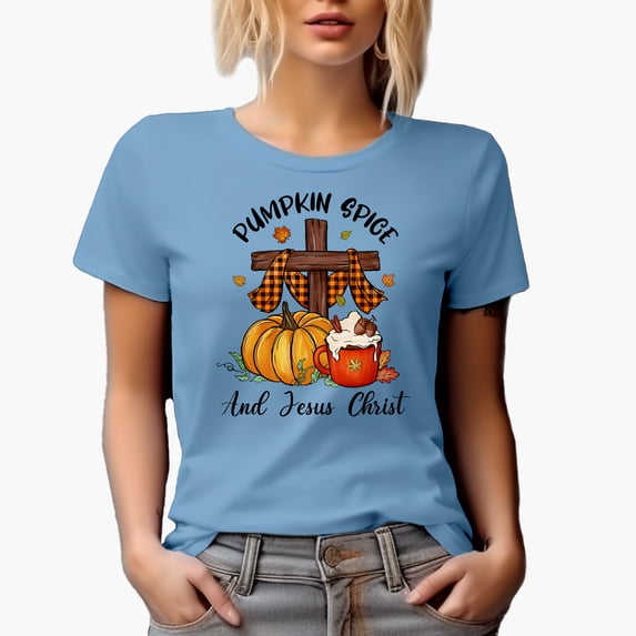 Pumpkin Spice and Jesus Christ, Fall or Autumn Art Merch Gift, Baby Blue T-Shirt, Large