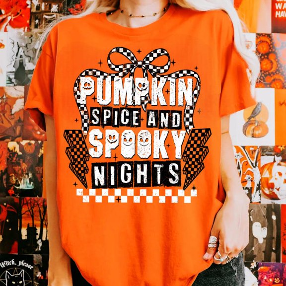 Pumpkin Spice and Spooky Nights Shirt, Retro Checkered Coquette Shirt, Halloween Shirt, Funny Halloween 200640
