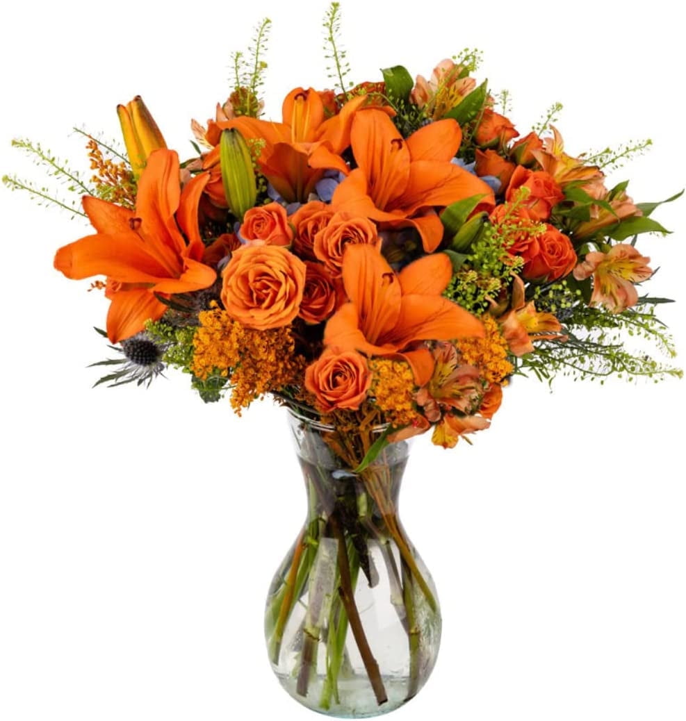 Pumpkin Spice by Arabella Bouquets in a Free Elegant Hand-Blown Glass Vase