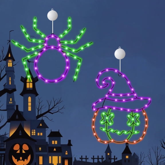 Pumpkin Spider Window Light, 2 Pack Halloween Suction Cup LED Decor for Glass Door Party Prop