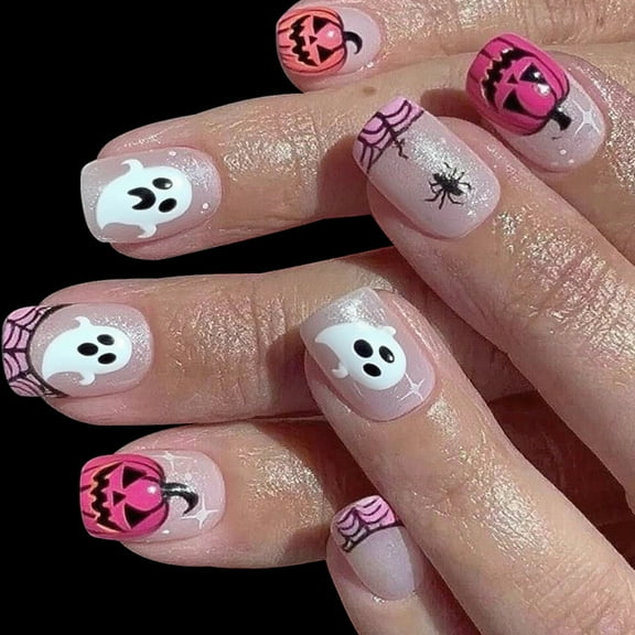 Pumpkin Spiders Web Fake Nails Short Square Black White Halloween ABS Press On Nails Quick Application Durability Wear