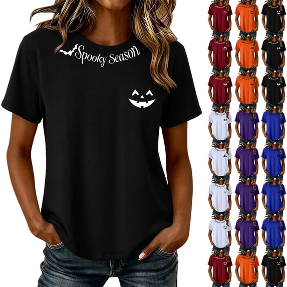 Pumpkin Spooky Graphic Tees for Women Crew Neck Short Sleeve Fashion Tops Fall Shirts Black M