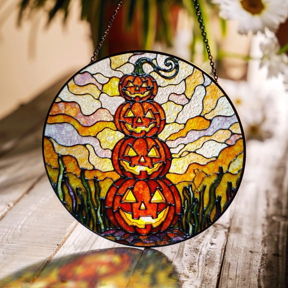 Pumpkin Stack Stained Glass Suncatcher, Festive Autumn Window Hanging Gift for Mom, Halloween Harvest Home Decor