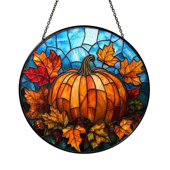Pumpkin Stained Glass Suncatcher, Autumn Leaves Round Window Hanging, Fall Harvest Decorative Glass Style Art, Seasonal Home Window Decor Accent, Thanksgiving Inspired Gift for Family and Friends