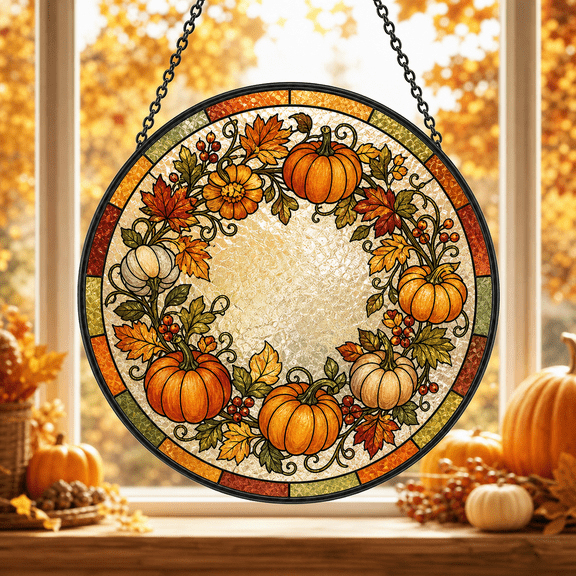 Pumpkin Stained Glass Suncatcher Fall Harvest Circle Window Hanging Decor Gift