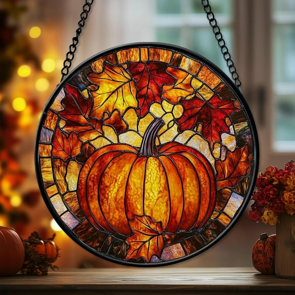 Pumpkin Stained Glass Suncatcher Window Hanging, Autumn Fall Leaves Glass Hanging Decor,Halloween Harvest Window, Thanksgiving, Pumpkin Gift