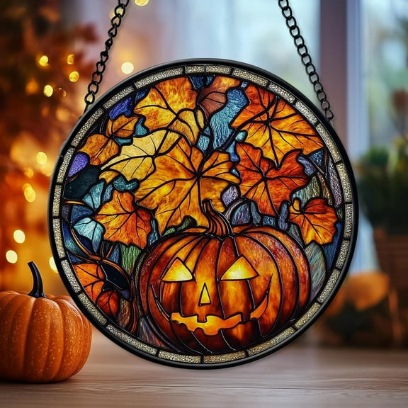 Pumpkin Stained Glass Window Hanging, Autumn Fall Leaves Glass Suncatcher Hanging Decor,Halloween Harvest Window, Thanksgiving, Pumpkin Gift