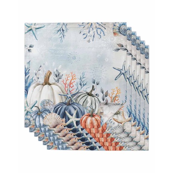 Pumpkin Starfish Cloth Napkins Set of 6 Reusable Dinner Napkins, Blue Thanksgiving Coastal Autumn Cocktail Napkin Washable Table Napkins for Wedding/Holiday Party/Baby Shower 20"x20"
