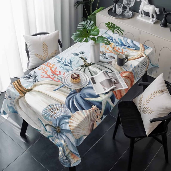 Pumpkin Starfish Table Cloth Waterproof Tablecloths, Blue Thanksgiving Coastal Autumn Tablecloth Dining Table Cover for Kitchen Party Tabletop Outdoor, Rectangle Tablecloth 54x108 Inch