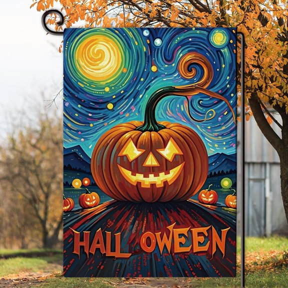 Pumpkin Starry Night Halloween Garden Flag Double Sided Scary Pumpkins Yard Flag Halloween Outdoor Decorations for Patio Lawn Porch 12x18 Inch