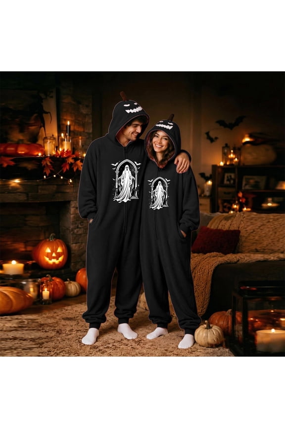 Pumpkin Stem Hooded Onesie for Women & Men, Halloween Matching Flannel Jumpsuit with Tombstone Ghost Graphic & Full Zipper — Unisex Adult Pajama Set for Cosplay & Lounge Black L