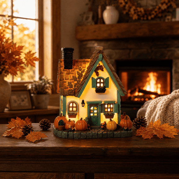 Pumpkin Stone Ghost House, Vintage Resin Light-Up Fall Harvest Cottage, Summerween Decor, Light-Up Pumpkins Cottage for Indoor Fall Village Scenes Holiday Decor B