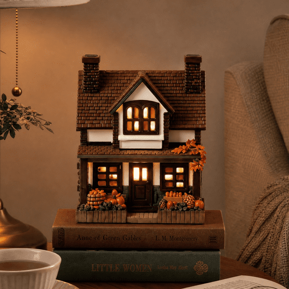 Pumpkin Stone Ghost House, Vintage Resin Light-Up Fall Harvest Cottage, Summerween Decor, Light-Up Pumpkins Cottage for Indoor Fall Village Scenes Holiday Decor A