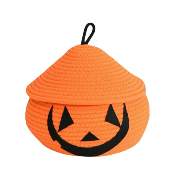 Pumpkin Storage Basket with Lid - Cute Woven Rope Halloween Basket for Organizing Candy, Toys & Treats, Decorative Round Basket for Fall, Christmas & Home Decor