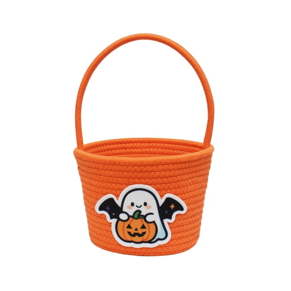 Pumpkin Storage Basket | Woven Cotton Rope Toy Organizer Bin | Cute Halloween Candy Bowl, Trick or Treat Bag, Boo Gift, Stuffer Filler | Multipurpose Basket with Handles for toddler, baby & Kids