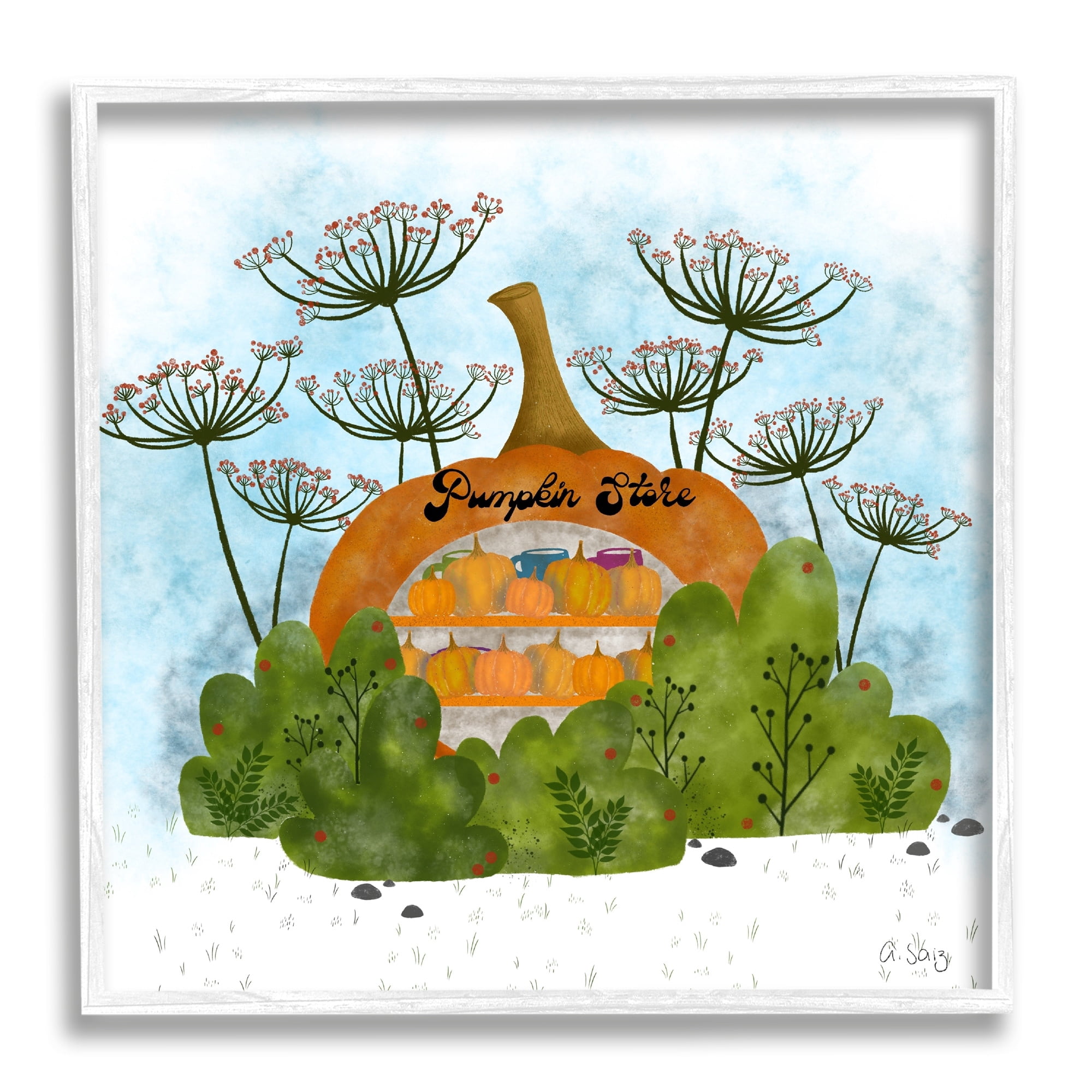 Pumpkin Store Beneath Dandelions Whimsical Autumn Scenery Botanical & Floral Graphic Art Framed Art Print Wall Art