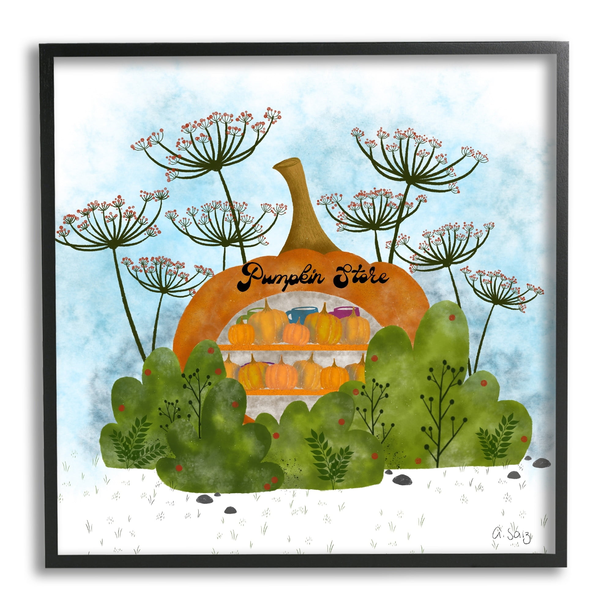 Pumpkin Store Beneath Dandelions Whimsical Autumn Scenery Botanical & Floral Graphic Art Framed Art Print Wall Art