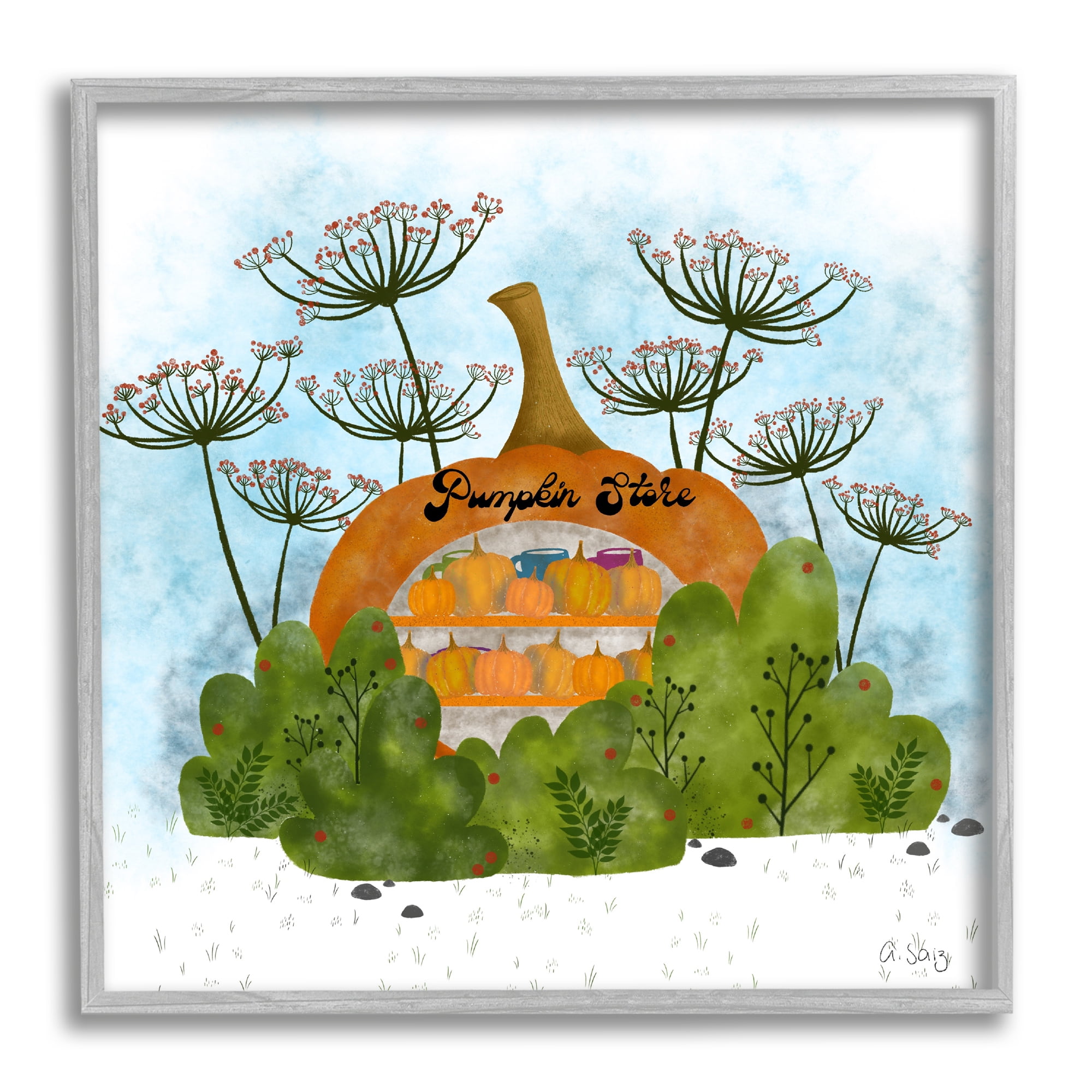 Pumpkin Store Beneath Dandelions Whimsical Autumn Scenery Botanical & Floral Graphic Art Framed Art Print Wall Art