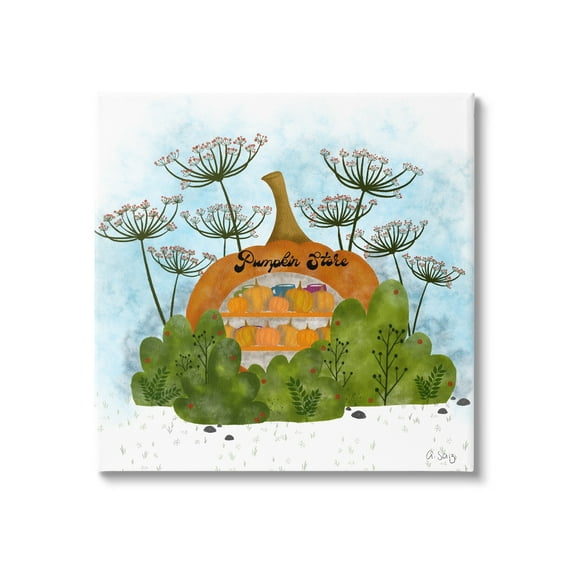 Pumpkin Store Beneath Dandelions Whimsical Autumn Scenery Botanical & Floral Graphic Art Gallery-Wrapped Canvas Print Wall Art