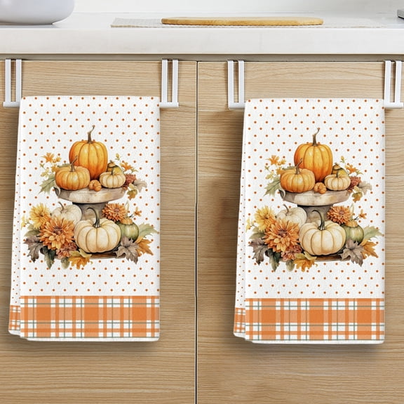 Pumpkin Striped Kitchen Towels, Autumns Kitchen Hand Towel, Absorbent Cottons Dishs Cloth with Maple Leaf & Eucalyptuses Designs, Woven Striped Dishwashing Cloth with Pumpkin & Botanical Motifs