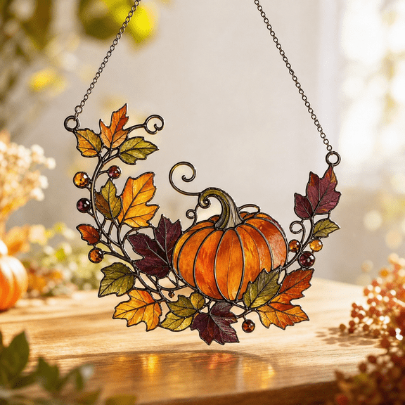 Pumpkin Suncatcher Window Hanging Stained Glass Style Fall Decor Gift for Mom Dad