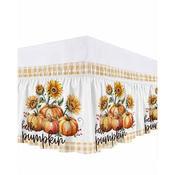 Pumpkin Sunflower Bed Skirt Fall Thanksgiving Yellow Buffalo Plaid Bed Skirts Queen Size 16 Inch Drop, Wrap Around Dust Ruffle Bedskirt with Adjustable Elastic Belt for Queen Size Beds