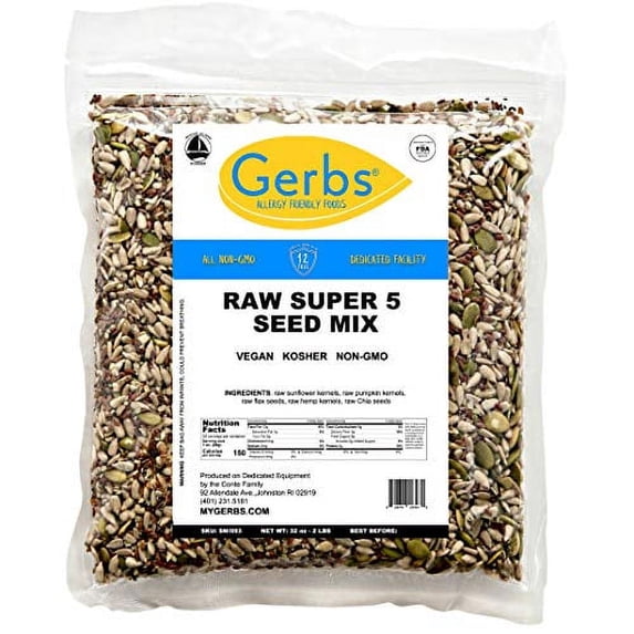 Pumpkin, Sunflower, Chia, Flax, Hemp Seed Raw Mix by Gerbs - 2 LBS. - Top 14 Food Allergen Free & NON GMO - Vegan & Kosher