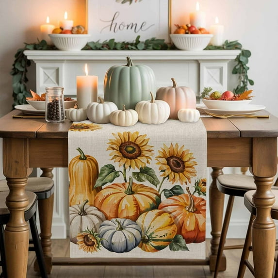 Pumpkin Sunflower Cotton Linen Table Runner, Washable Table Runners for Kitchen, Dining Room, Holiday, Home Party Table Decor, 13x120 Inches