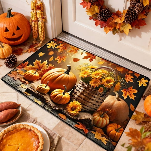 Pumpkin Sunflower Fall Door Mat 15.75x23.62in, Maple Leaves Welcome Doormat, Non‑Slip Floor Rug for Front Door, Porch, Entryway Thanksgiving Home Decor