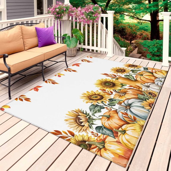 Pumpkin Sunflower Fall Outdoor Rug for Patio/Deck/Porch, Non-Slip Large Area Rug 6 x 9 Ft, Thanksgiving Botanical Leaves Autumn Indoor Outdoor Rugs Washable Area Rugs, Camping Rug Carpet Runner