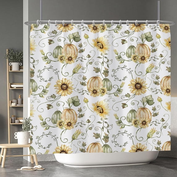 Pumpkin Sunflower Shower Curtain Green Leaf Yellow Flower Floral Botanical Spring Vintage Shower Curtains for Bath Bathroom Bathtubs Decor Waterproof Fabric Polyester with Hooks 84x72 Inches