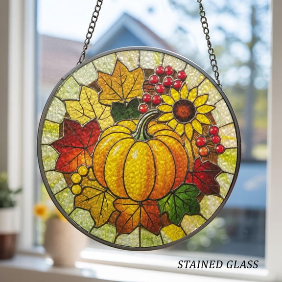 Pumpkin and Sunflower Stained Glass Suncatcher, Fall Harvest Ornament, Autumn Keepsake, Rustic Window Hanging, Thanksgiving Decor, TGOA849, 2D Printed, 1-sided Sun Catcher