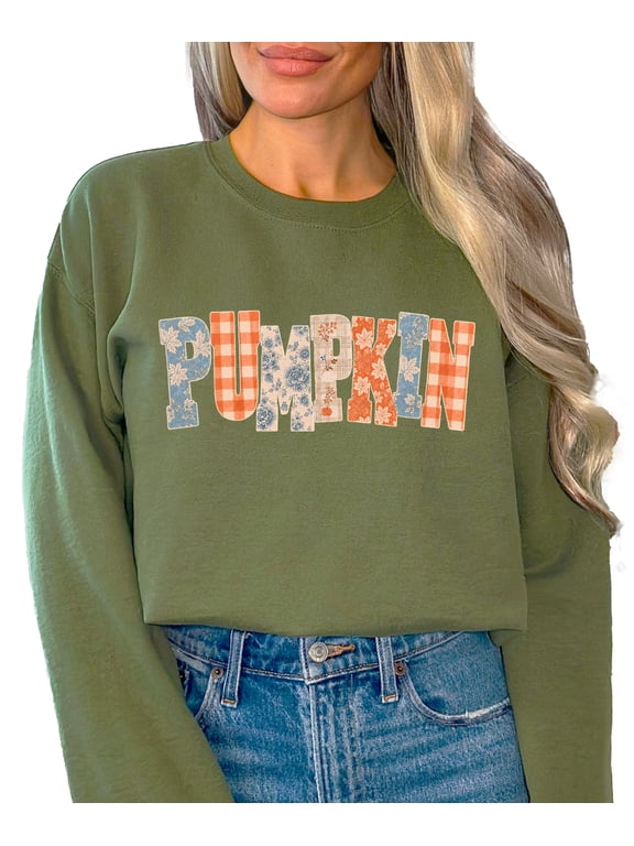 Pumpkin Sweatshirt for Women and Teen Girls Cozy Fall Crewneck Pullover, Army Green, XL