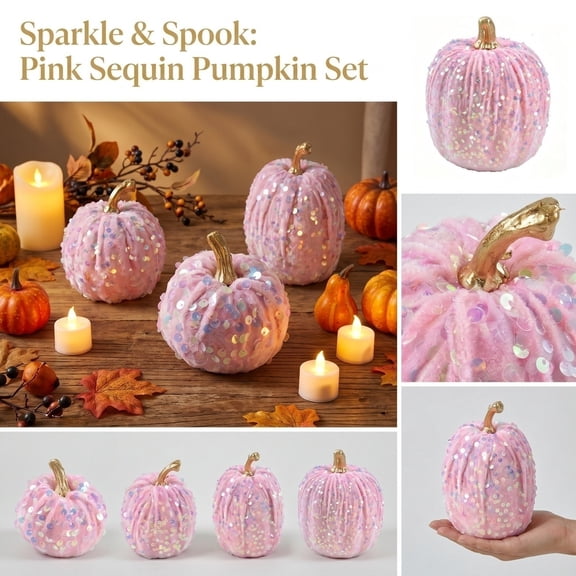 Pumpkin Table Decor | 7.9 X 6.3 in Iridescent Sequined Velvet Pink Pumpkin Decor | Halloween Pumpkin Decorations for Home | Fall Table Decor for Holiday Gatherings and Gifting