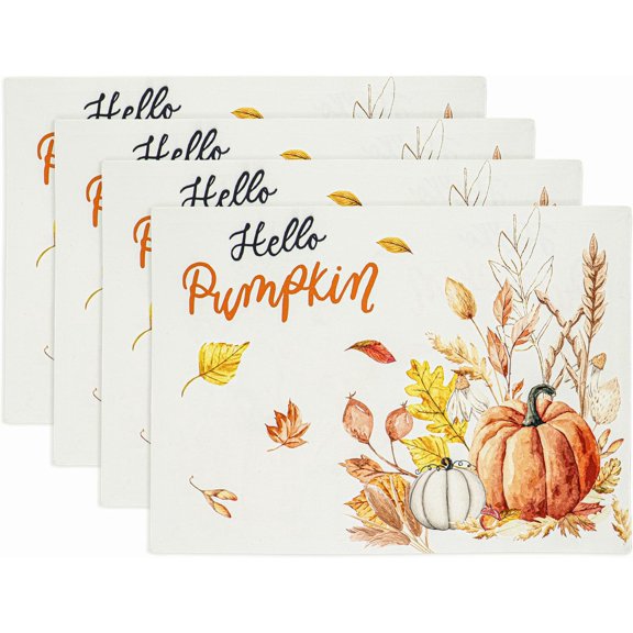 Pumpkin Table Placemats Set of 4, 12x18 Inch, Cotton, Washable Cloth Table Mats, Ideal for Fall, Thanksgiving Harvest Table Décor with Festive Charm - Pumpkin Plaid Blue