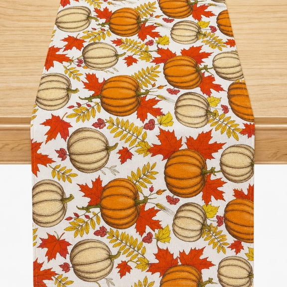 Pumpkin Table Runner 12 x 71 in Linen Waterproof Oil Resistant Fall Thanksgiving Harvest Decor, Cream