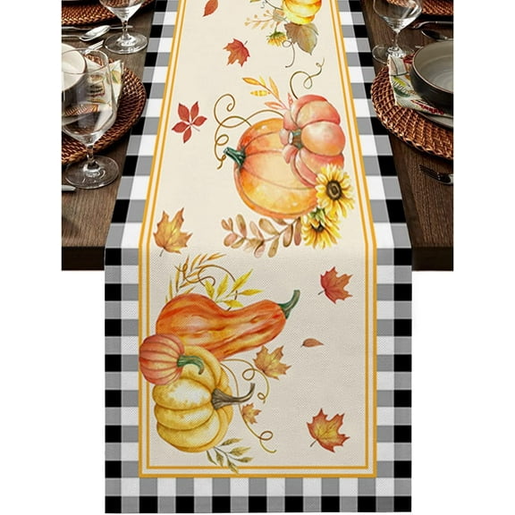Pumpkin Table Runner,13 x 72 inch Watercolor Pumpkins Happy Thanksgiving Halloween Fall Table Runners Linen Cotton Burlap Kitchen Table Runner for Family Dinner Parties, Christmas & Party