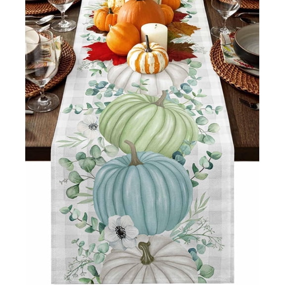 Pumpkin Table Runner 13x108 Inches Long Fall Teal Green Runner for Thanksgiving Table Leaves Grey Buffalo Plaid Table Runners Cotton Linen Dresser Scarf for Kitchen Coffee Autumn Holiday Party Decor