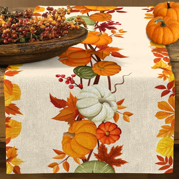 Pumpkin Table Runner, Happy Thanksgiving Halloween Fall Table Runners Linen Cotton Burlap Kitchen Table Runner for Family Dinner Parties, Christmas & Gathering 13x72inch