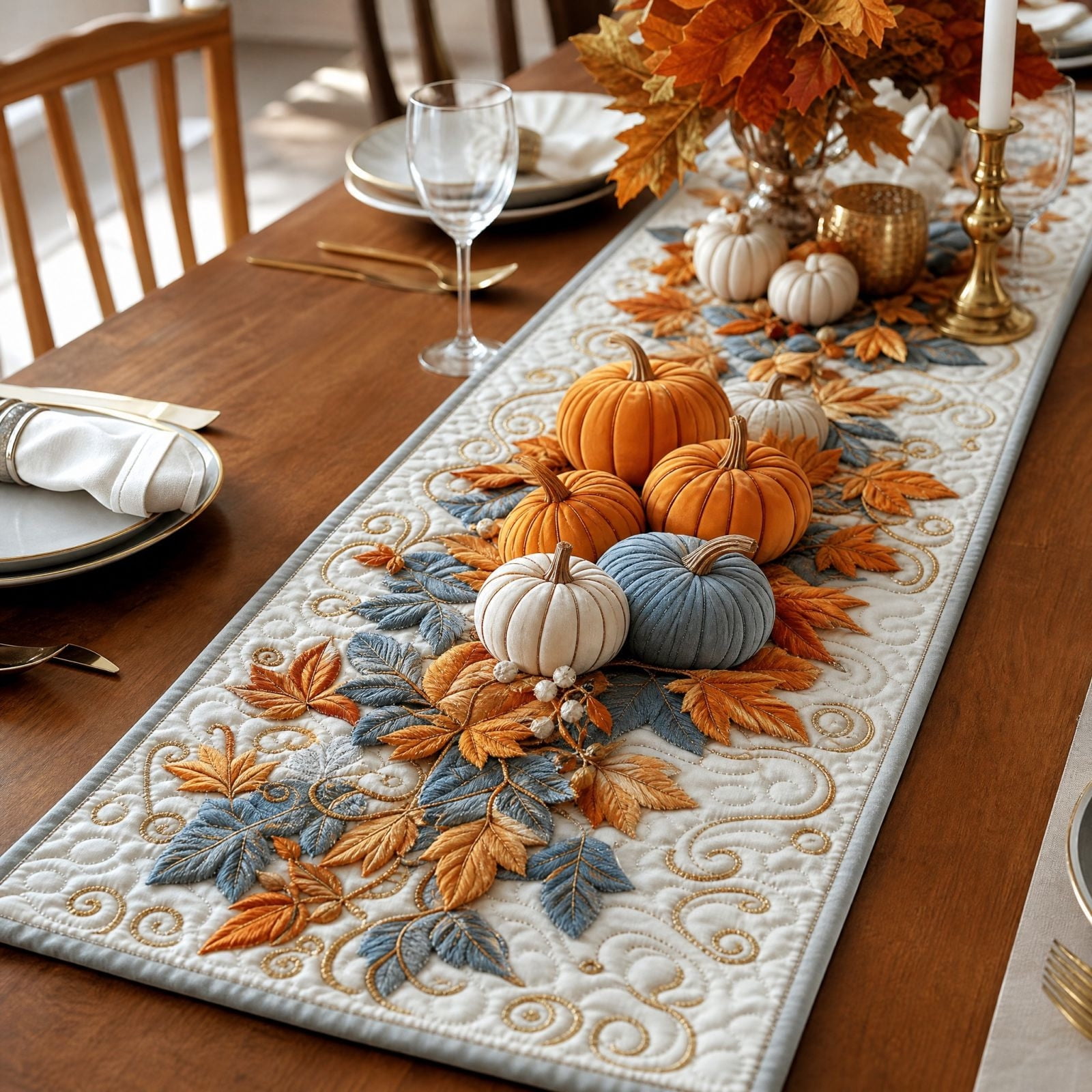 Pumpkin Table Runner, Quilted Fall Table Decor, Harvest Pumpkins and ...